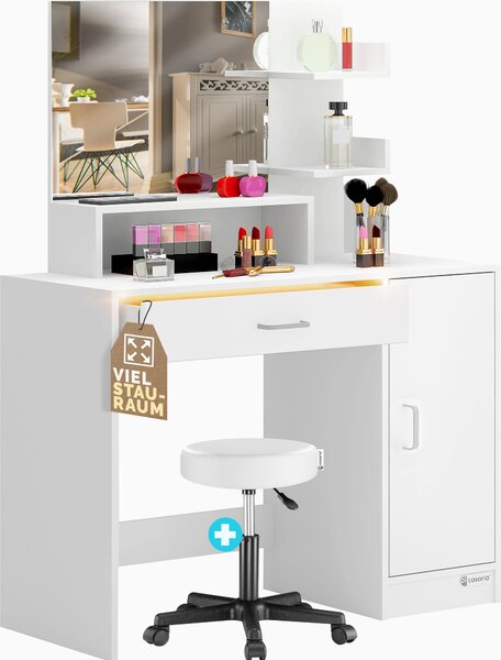 CASARIA® Tavolino da toilette Jocelyn con sgabello Illuminazione a LED cassetto specchio 3 ripiani tavolo cosmetico make-up comò legno bianco, Variante: con sgabello