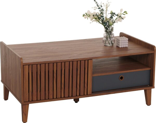 Tavolino da salotto MCW-M48, tavolino da salotto, 52x114x59 cm ~ effetto noce, cassetto grigio scuro