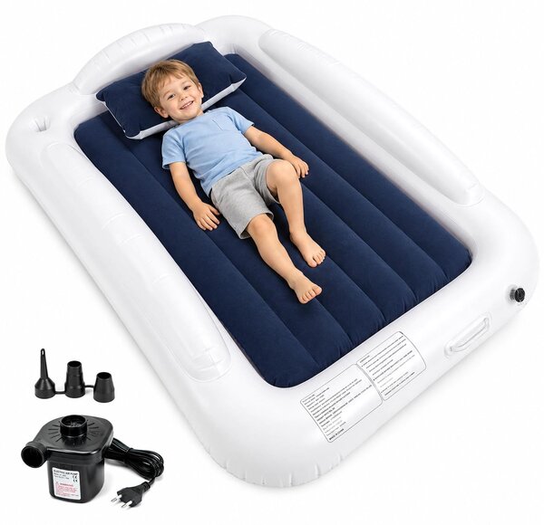 Letto gonfiabile per bambini con pompa, dimensioni 160x100 cm, colore bianco/blu, capacità di carico 50 kg