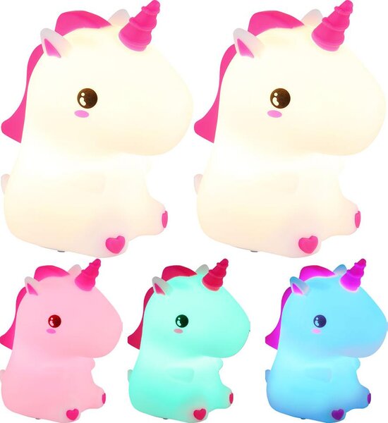 2x lampada da tavolo per bambini con LED RGB, unicorno, cambio colore, dimmer touch, H 15 cm