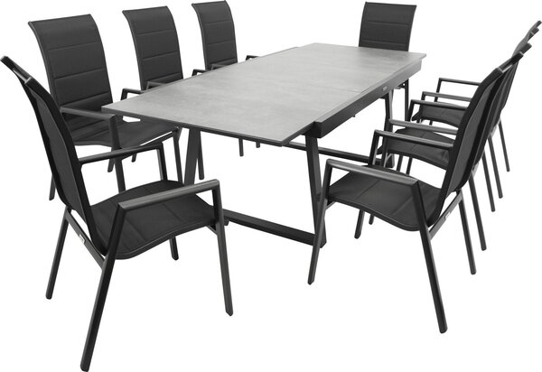 Set da giardino DEGAMO REIMS, 9 pezzi, alluminio nero + vetro + tessuto sintetico