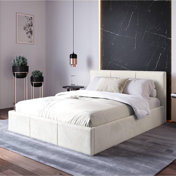 Home Collective letto imbottito, letto con contenitore, letto contenitore con rete a doghe letto imbottito con testiera letto matrimoniale | rete con molle a gas, struttura in metallo, rivestimento in velluto | 140×200 cm | Beige