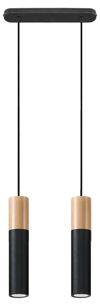 Lampada a sospensione, nera, acciaio, legno, a due luci, L 34 cm