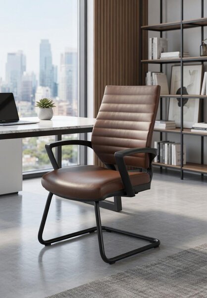 Sedia da ufficio moderna, color marrone, con schienale ergonomico e struttura in metallo
