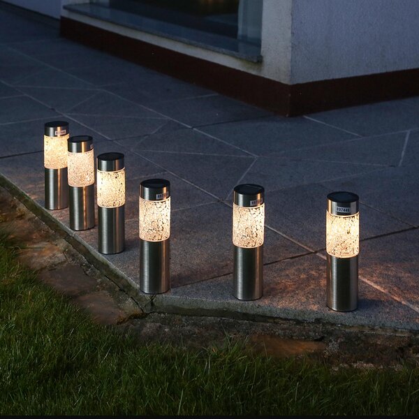 Lampioni solari a LED per esterni, design mosaico - LED bianco caldo - acciaio inossidabile - picchetto da terra - altezza: 22 cm - argento - set da 6