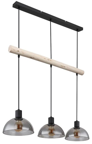 Lampada a sospensione a LED, nera, vetro color fumo, a 3 fiamme, L 80 cm