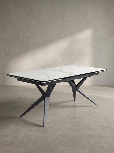 Tavolo da pranzo 180 - 260 cm allungabile in Vetroceramica e vetro bianco, tavolo in Vetroceramica effetto marmo grande, tavolo da cucina di design rettangolare, tavolo da pranzo stravagante con gambe in metallo