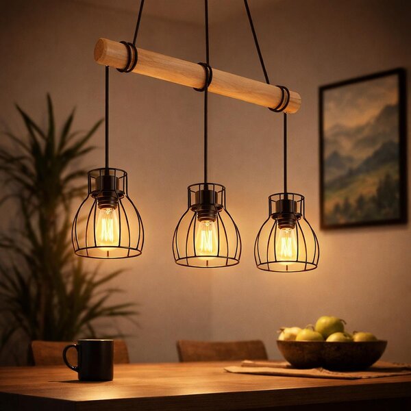 Lampada a sospensione a LED, regolabile in altezza, travi in legno, griglia, L 50 cm