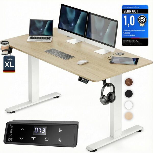 CASARIA® Scrivania regolabile in altezza elettricamente 160 x 70 cm con caricatore wireless e connessione USB-C/A Display LCD Funzione memoria Portata 80 kg Ergonomica Beige