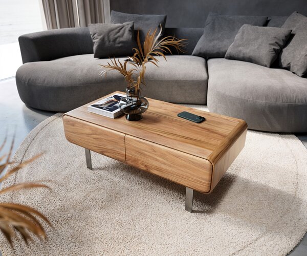 Tavolino DELIFE modello Anaya, 100x50 cm, legno di acacia naturale, 2 cassetti, base a forma di "L" in acciaio inossidabile