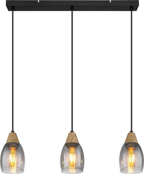 Lampada a sospensione, metallo, effetto legno, vetro fumé, L 55 cm