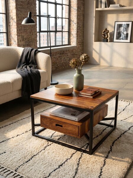 Tavolino da salotto 60x60x40 cm in legno massello di sheesham / metallo Tavolino quadrato, tavolino da salotto di design Tavolino da caffè massiccio con cassetto, tavolino piccolo Tavolino da salotto moderno