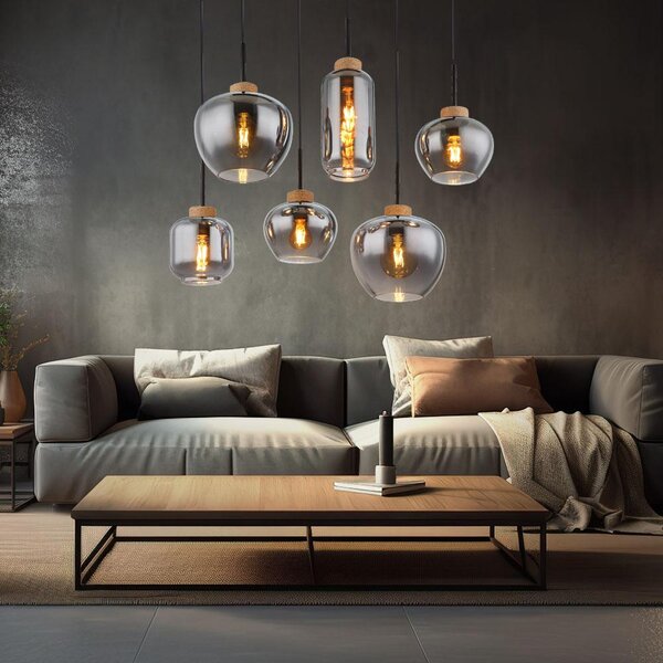 Lampada a sospensione, metallo, finitura nera opaca, vetro color fumo, lunghezza 80 cm