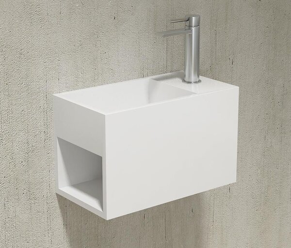 Lavabo da appoggio PB2046 in resina minerale - 33 x 18 x 20,5 cm - Bianco opaco - con vano portaoggetti laterale a sinistra