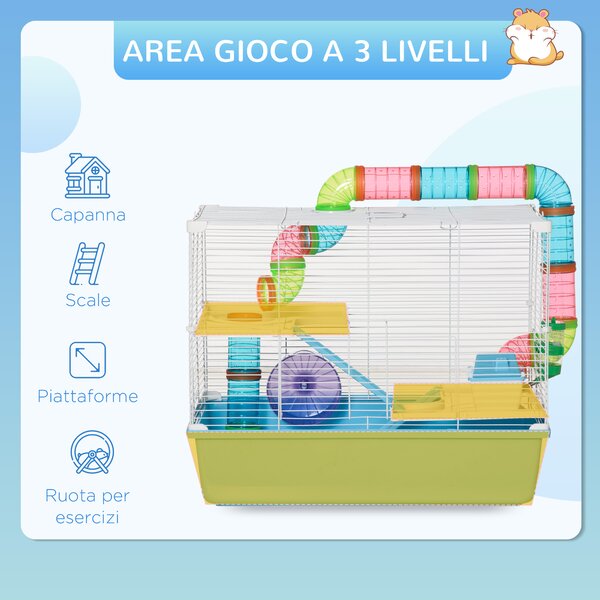 PawHut Gabbia per Criceti a 3 Livelli con Tubi, Casetta, Serbatoio dell'Acqua e Ruota, 59x36x47 cm|Aosom