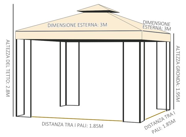 Outsunny Gazebo da Giardino con Zanzariera e Doppio Tettuccio, Telaio in Acciaio, 3x3m, Beige | Aosom Italy