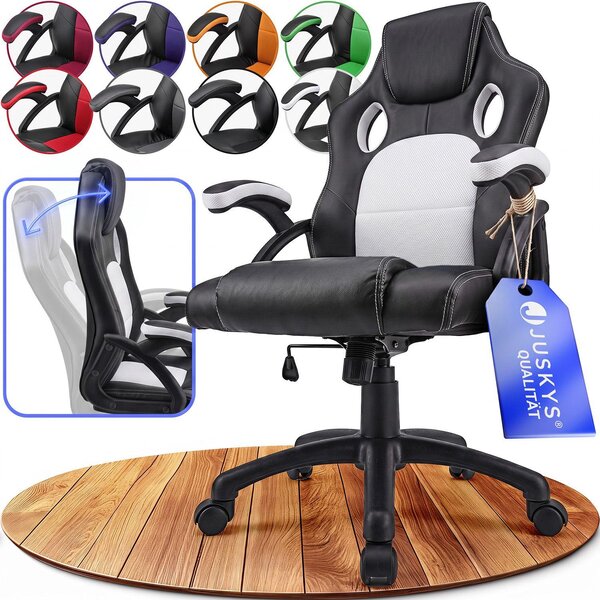 Juskys Racing desk chair Montreal (bianco) - sedia da gioco ergonomica, regolabile in altezza e imbottita, fino a 120 kg - sedia da ufficio girevole