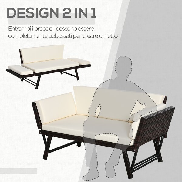 Outsunny Divano 2 Posti da Giardino in Rattan Bianco e Marrone, con Braccioli Estensibili, 129x63x67cm, Confortevole|Aosom