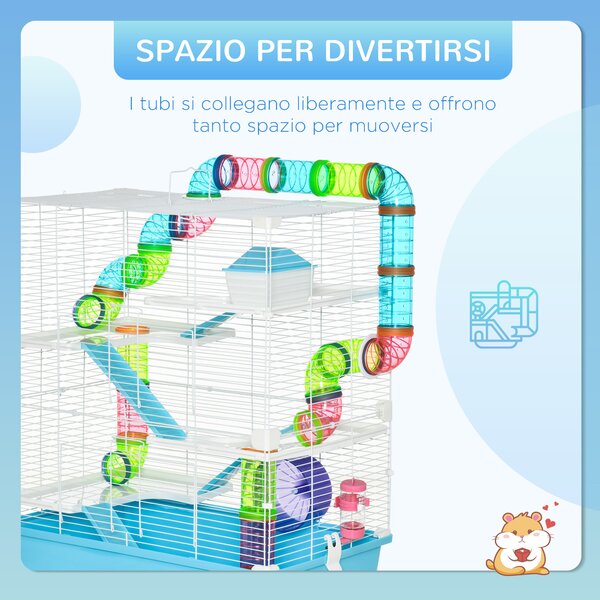 PawHut Gabbia per Criceti a 5 Livelli con Tubi, Casetta, Serbatoio dell'Acqua e Ruota, 59x36x69 cm|Aosom