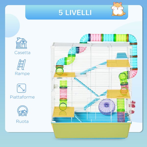 PawHut Gabbia per Criceti a 5 Livelli con Tubi, Casetta, Serbatoio dell'Acqua e Ruota, 59x36x69 cm|Aosom