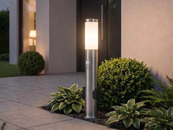 Lampada a palo in acciaio inossidabile con sensore di movimento e 2 prese, lampada da giardino da 60 cm