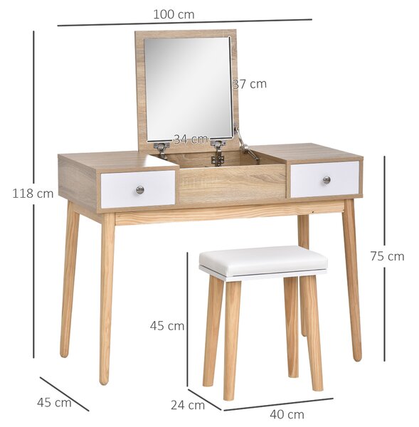 HOMCOM Set da toletta con specchio ribaltato sgabello imbottito 2 cassetti 5 vani di stoccaggio per casa bianco