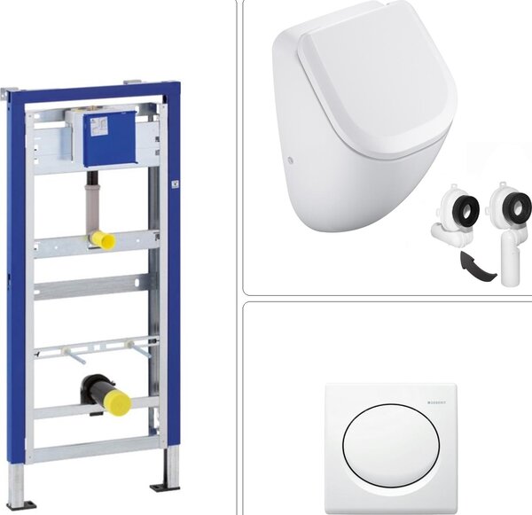 Orinatoio senza bordo VIGOUR DERBY con coperchio SoftClose, telaio da incasso e piastra da incasso GEBERIT, bianco