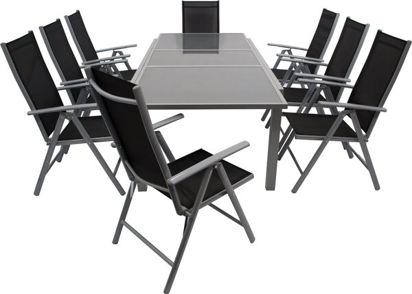 Set da giardino DEGAMO PISA, 9 pezzi, alluminio argento + tessuto sintetico nero, 8 sedie pieghevoli, 1 tavolo allungabile 180/240 x 100 cm