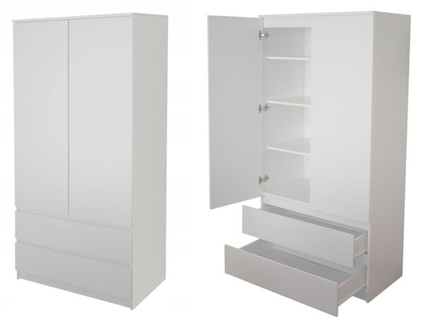 Armadio Armadio bianco 180 cm di altezza 90 cm di larghezza con 2 cassetti, 3 ripiani e asta appendiabiti Organizzatore di armadi domestici in legno MDF