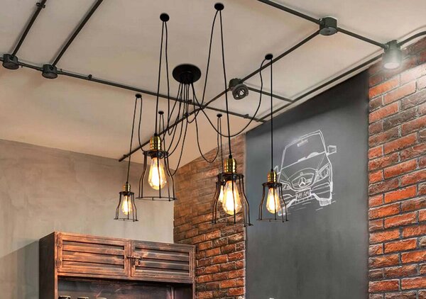 Lampada a sospensione HWC-H81, lampada a sospensione, metallo industriale regolabile in altezza nero ~ 5x paralume a gabbia