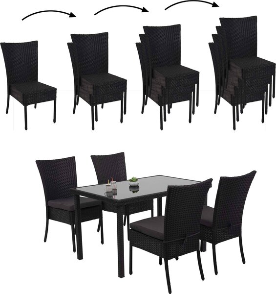 Set in poly-rattan HWC-G19, gruppo di sedute da balcone/lounge, 4xsedia+tavolo, 120x75cm ~ nero, cuscini grigio scuro