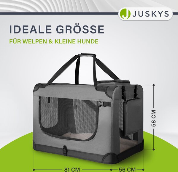 Juskys box per il trasporto di cani Lassie XL (grigio) pieghevole - 56 x 81 x 58 cm - box per cani con coperta, borsa e maniglie - box per il trasporto in auto in tessuto per cani