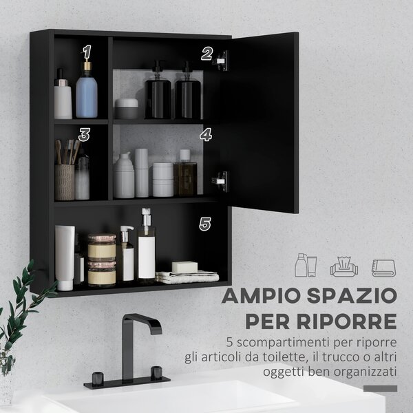 Kleankin Armadietto Bagno con Specchio, Ripiani e Scaffale Regolabile, Montaggio a Parete, 60x15x76cm, Nero
