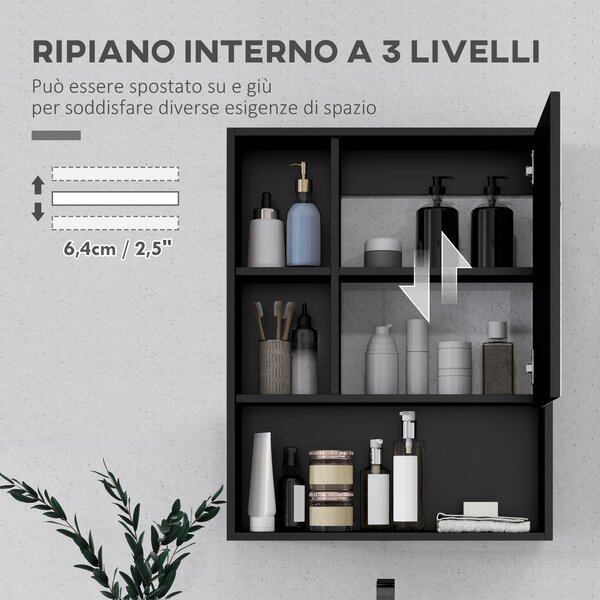 Kleankin Armadietto Bagno con Specchio, Ripiani e Scaffale Regolabile, Montaggio a Parete, 60x15x76cm, Nero