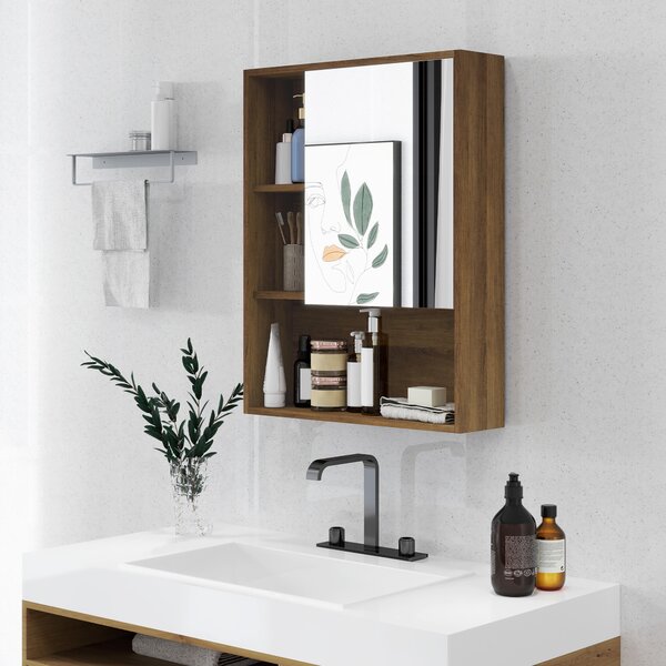 Kleankin Armadietto Bagno con Specchio, Ripiani e Scaffale Regolabile, Montaggio a Parete, 60x15x76cm, Noce