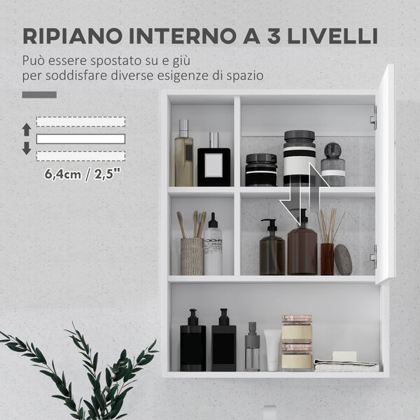 Kleankin Armadietto Bagno con Specchio, Ripiani e Scaffale Regolabile, Montaggio a Parete, 60x15x76cm, Bianco