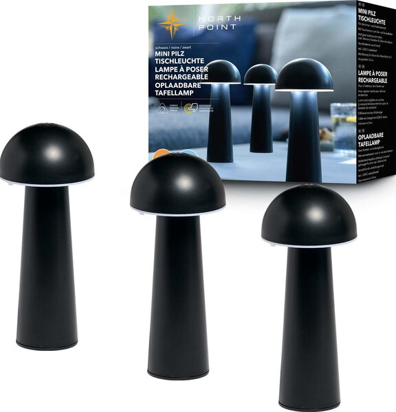 Set da 3 lampade da tavolo moderne a LED Northpoint a forma di fungo, per interni ed esterni, con regolazione continua dell'intensità luminosa, ricarica USB e cambio di colore CCT, fungo nero