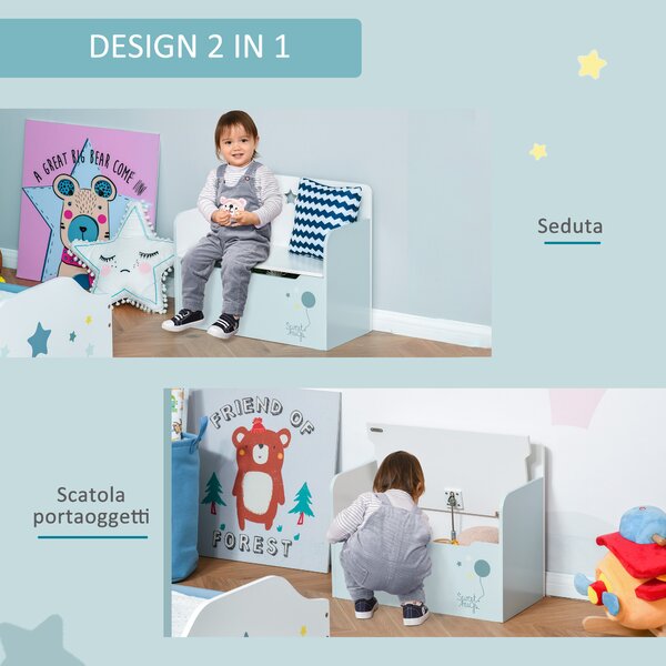 HOMCOM Panca Contenitore con Schienale in Legno per Bambini da 3-6 Anni, 60x30x50 cm, Azzurro
