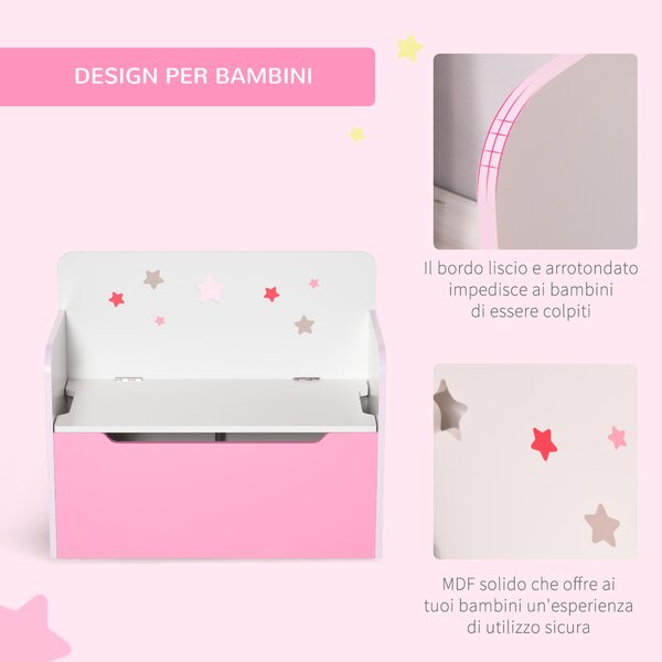 HOMCOM Cassapanca Contenitore con Schienale in Legno e decorazioni a stella per Bambini da 3-6 Anni, in MDF, 60x30x50 cm, Rosa| Aosom Italy
