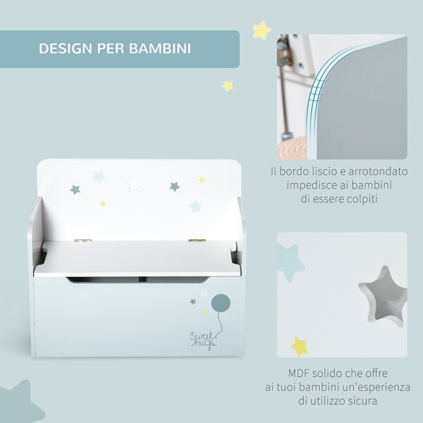 HOMCOM Panca Contenitore con Schienale in Legno per Bambini da 3-6 Anni, 60x30x50 cm, Azzurro