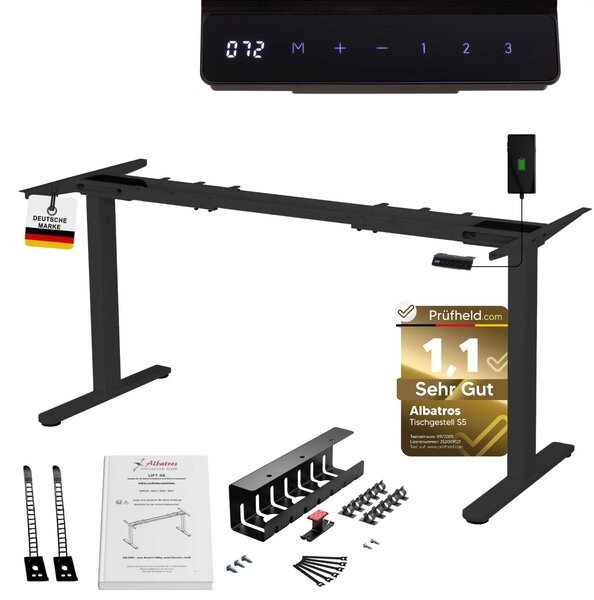 Telaio per scrivania ALBATROS Lift S5B + canalina, nero, 2X motori, regolabile elettricamente in altezza con funzione di memoria, protezione anticollisione e soft start/stop