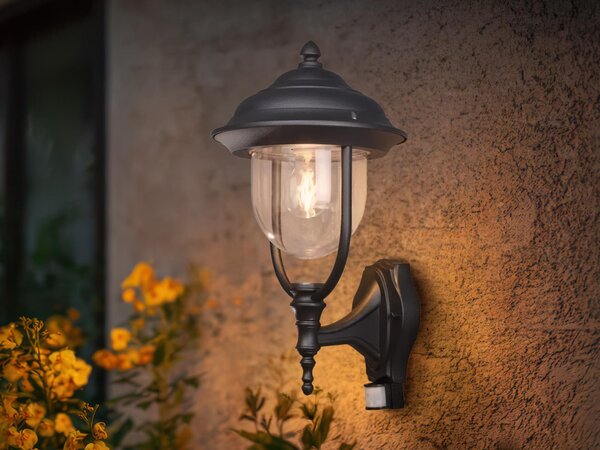Lampada da esterno a LED con sensore di movimento, grande lanterna da parete in stile rustico, nera