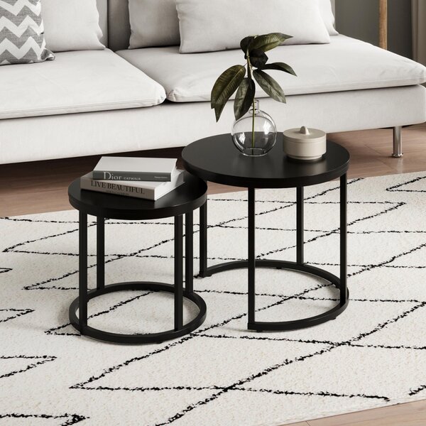 Set di 2 tavolini da salotto in legno, tavolino da salotto moderno, rotondo, nero, per soggiorno