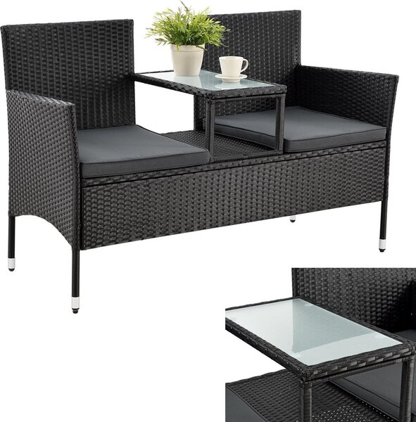 Panca da giardino Juskys in polyrattan Monaco black - panca a 2 posti con tavolo integrato e cuscini in grigio - 133 × 63 × 84 cm - panca resistente alle intemperie