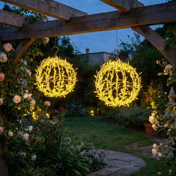 Set da 2 sfere luminose solari con motivo a foglie - Sfera da giardino Ø 20 cm con 72 LED bianco caldo - Lampada da esterno IP44 con picchetto, gancio a S e pannello solare inclusi
