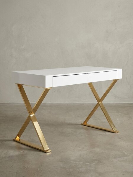 Scrivania bianca lucida, gambe dorate, moderna, 2 cassetti. 118x57x76 cm | Kadima Design