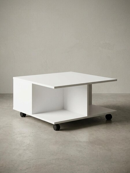 Tavolino design 70x70 cm bianco, tavolino da salotto con 2 cassetti, tavolino da divano con rotelle, tavolino con 2 scomparti
