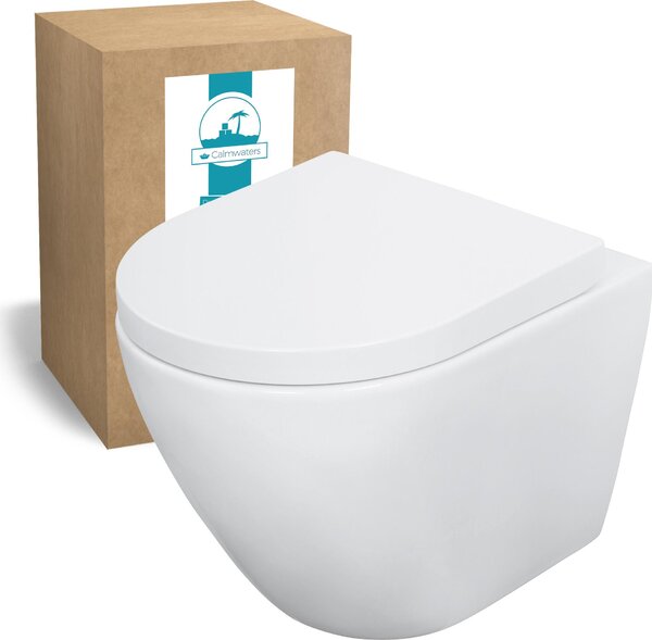 Calmwaters® WC sospeso senza bordo bianco, con sedile per WC, WC salvaspazio: sporgenza 45 cm, con chiusura ammortizzata, lavabo, WC sospeso, sospeso, sanitari in Vetroceramica, 08AB6159