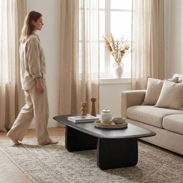 Tavolino HERMO in legno massiccio di mango, nero - 135 x 53 cm, tavolino da salotto moderno, tavolino da divano con gambe larghe, tavolino in legno dal design minimalista, tavolino da club come superficie di appoggio