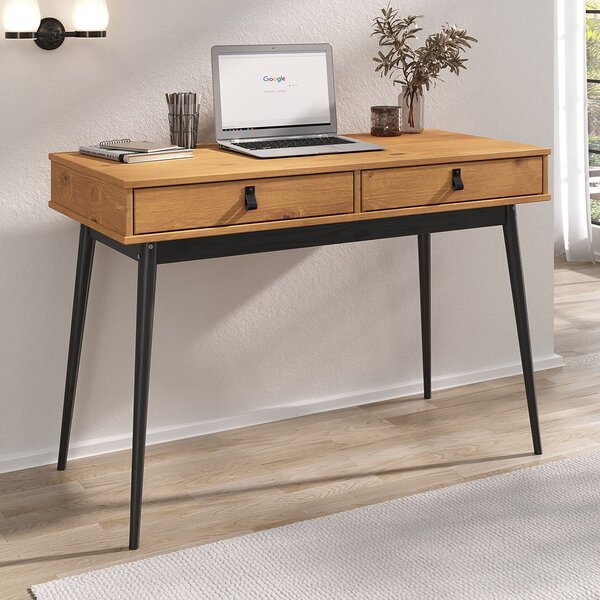 Scrivania WANDA con 2 cassetti in legno massello di rovere colorato / nero - Scrivania da ufficio con gambe coniche, scrivania per l'home office, mobili da ufficio con spazio contenitivo